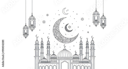 Ramadan mosque crescent moon lanterns.