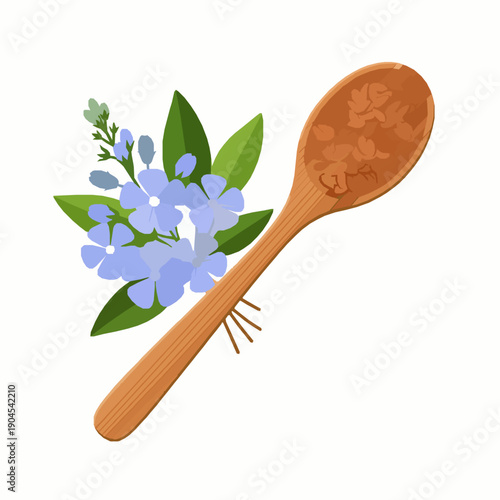 Wooden spoon with flaxseed and linum blossoms flat vector illustration isolated on white background