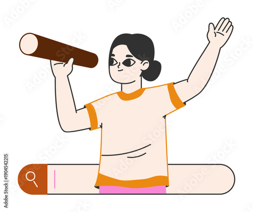 Woman searching online. Girl use search bar, web searching, internet browsing and web pages surfing flat vector illustration. Search bars user