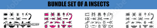 Silhouette, line art, outline, dot, dotted Collection of diverse insect and arachnid silhouettes including spiders beetles butterflies and caterpillars presented in a bundle set