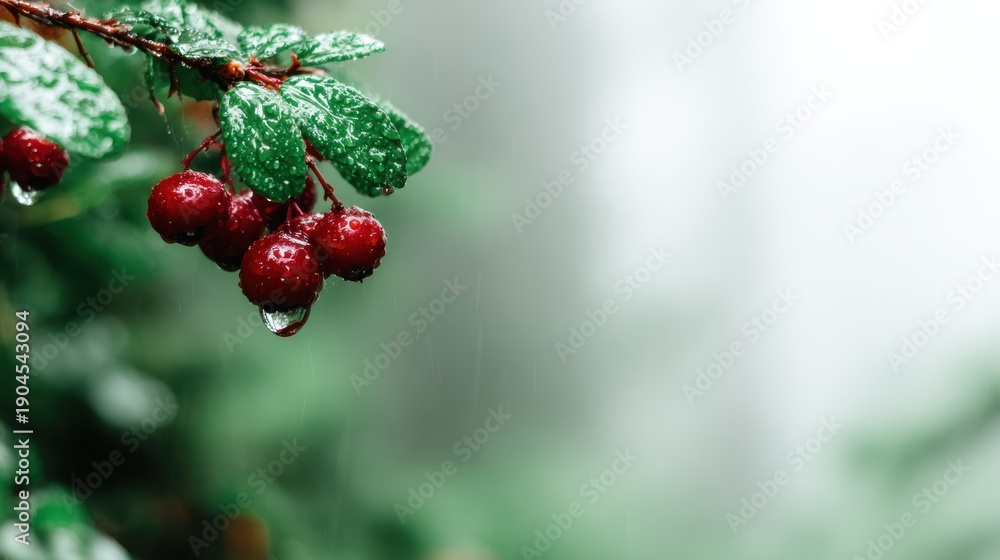 Fototapeta premium This captivating image features glistening red berries adorned with raindrops, elegantly capturing the essence of freshness and vitality in a lush, green environment.