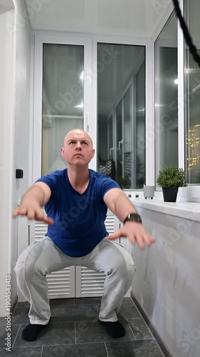 A man performs squats on his balcony, surrounded by plants, showcasing strength and balance. The nighttime cityscape sparkles in the background, enhancing his commitment to fitness.