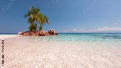 A breathtaking vista of a tropical island featuring palm trees and crystal-clear waters, epitomizing paradise and relaxation for serene beach getaways and vacations.