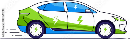 Dynamic illustration of a sleek, eco-friendly electric vehicle, symbolizing rapid advancements in sustainable transportation and green energy technology, driving towards a cleaner future