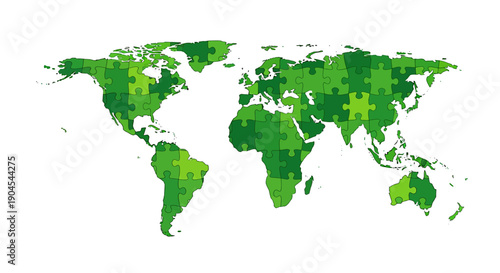 A vibrant world map illustration composed of interconnected green puzzle pieces, symbolizing global environmental unity and collaboration.