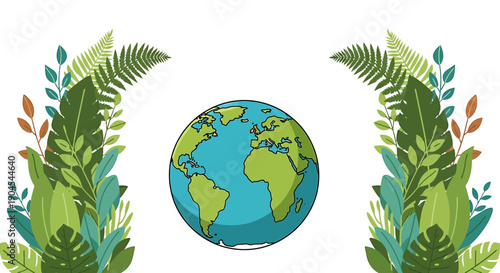 Stylized illustration of Earth surrounded by lush green and brown foliage, symbolizing nature and environmental care.