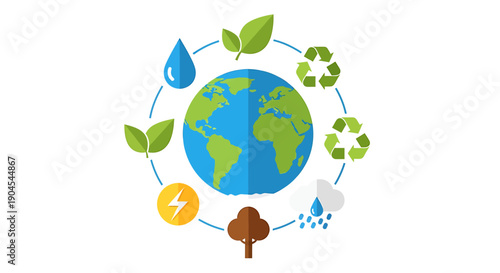 A vibrant illustration depicting Earth surrounded by various environmental and natural resource icons, symbolizing sustainability and ecological balance.