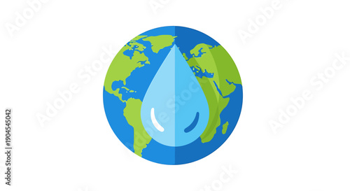 Stylized globe with green landmasses and blue oceans, featuring a prominent blue water droplet in the center, symbolizing global water resources and environmental conservation.