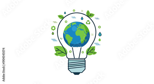 Earth globe inside a lightbulb surrounded by green leaves, water drops, and recycling symbols, representing environmental protection and sustainable energy.
