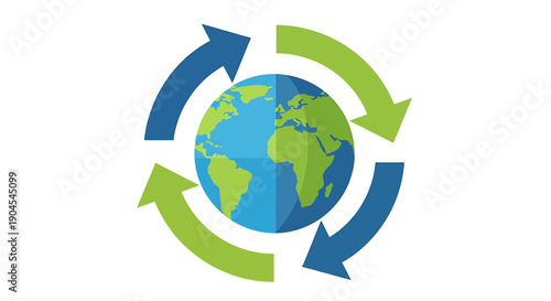 A blue and green globe with three rotating arrows symbolizing global sustainability and environmental protection.