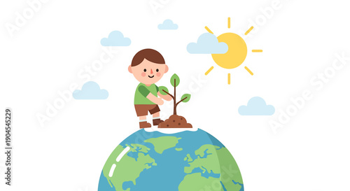 A cute cartoon boy planting a small green tree on top of the Earth under a sunny sky with clouds, symbolizing environmental care and growth.