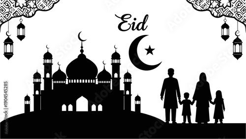 A minimalist Eid celebration vector graphic featuring a mosque and family in silhouette