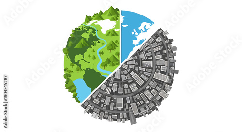 A circular illustration depicting a world divided into natural green landscapes, blue water, and a grey urban cityscape.
