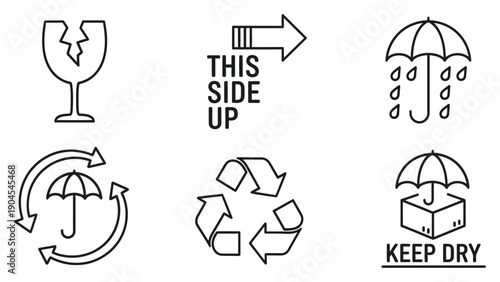 A set of six black and white vector icons depicting fragile handling instructions for shipping and storage