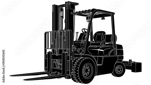 A black and white vector illustration of a forklift with a pallet on a plain background