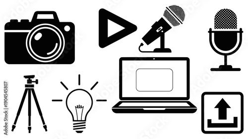 A set of modern vector icons representing various media and technology concepts