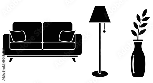 A minimalist vector graphic of a living room with a couch, lamp, and vase
