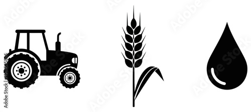 A set of agricultural icons including a tractor, wheat, and water droplet in a flat, minimalist design