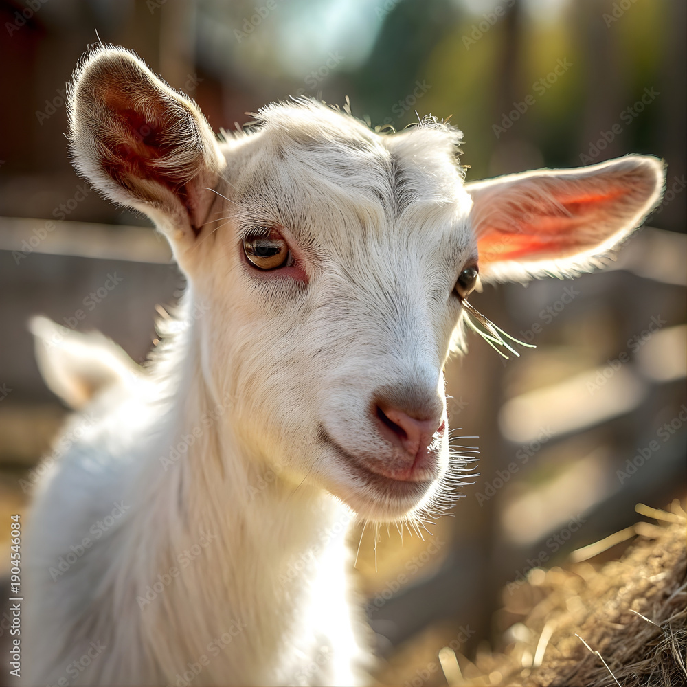 Obraz premium Adorable white goat with brown eyes on rustic farm
