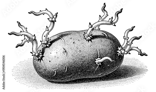 Old sprouting potato tuber with multiple shoots emerging from its surface indicating readiness for planting in a garden or farm setting during the spring season for a bountiful harvest.