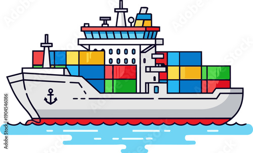 Illustrated container ship actively engaged in ocean freight, laden with a variety of brightly colored cargo boxes, symbolizing efficiency in worldwide trade and supply chain operations