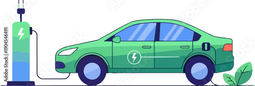 Green electric car charging at an eco-friendly charging station with plants and leaves