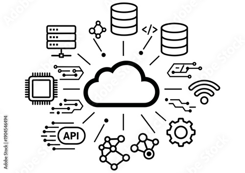 Cloud computing illustration featuring various icons representing data storage, api, and technology integration in a modern digital ecosystem