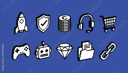 Retro 8 bit pixel art icon set on blue background including rocket shield coins headphones shopping cart game controller robot diamond folder and link symbols