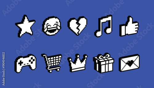 Retro 8 bit Pixel Art Icons with 3d Depth on Blue Background featuring Gaming Shopping Music and Social Media Symbols