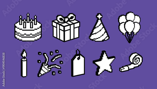 Pixel art birthday and party icon set on purple background featuring cake gift balloons and party favors