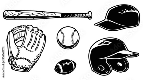 Baseball equipment collection featuring bat, glove, ball, helmet, and cap illustrating the essential gear for playing America's favorite pastime with passion and skill every day.