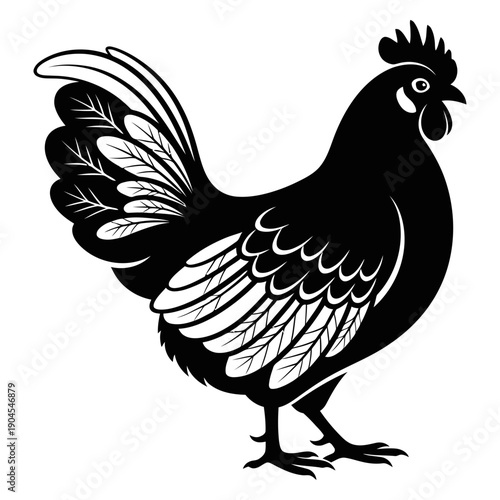 Beautiful black and white illustration of a proud rooster standing tall with striking detailed feathers and confident posture