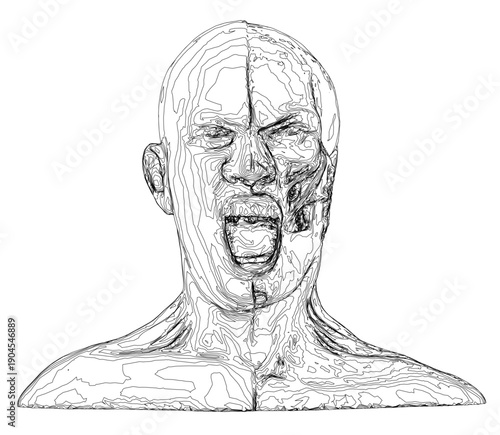 A detailed anatomical drawing of a man's head with open mouth reveals facial muscle structure against a clean white background.