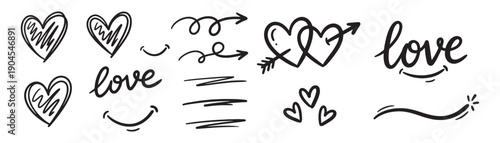 Hand drawn love symbols and doodles for Valentine's Day or romantic gestures, including hearts, arrows, and cute expressions on white background