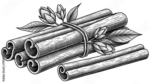 Traditional bundle of cinnamon sticks tied together with leaves attached to the stems for cooking and baking purposes in various recipes worldwide.