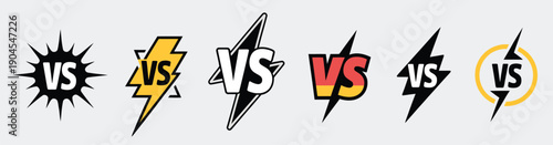 Set of 6 Versus Battle Match Logos with VS Text on White Background, Featuring Starburst, Lightning, and Circular Icons for Gaming or Sports Interfaces.