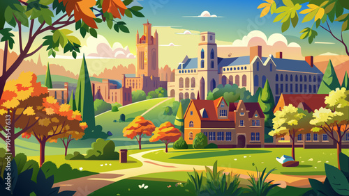 Very beautiful sunny view of Yale University campus surrounded by vibrant greenery, blending historic academic architecture with a peaceful and inspiring outdoor environment.