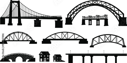 Set of various bridge silhouettes including suspension arch stone and truss designs for civil engineering urban landscape and infrastructure architecture projects