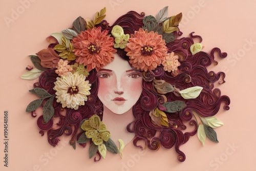 Woman's portrait sculpted with intricate paper coils adorned by abundant blossoms and foliage