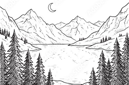 Serene mountain landscape with lake, trees, and crescent moon under a peaceful night sky, majestic scenery in black and white illustration style.