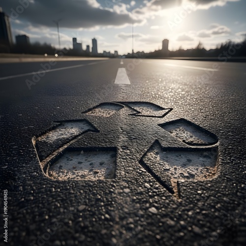 Recycling Symbol Cut from Asphalt
Description: Recycling icon carved directly into road surface.