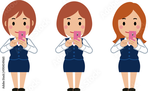 スマホを操作するネイビー事務服の若い女性