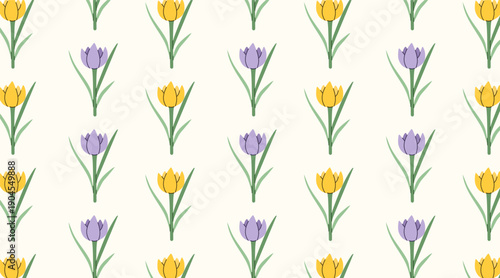 Minimalistic seamless pattern with yellow and purple crocuses. Spring bloom