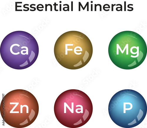 Essential Minerals Chemical Symbols on Glossy Spheres