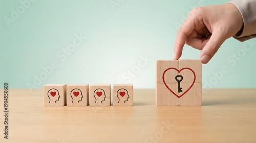 heart, love, key, wooden blocks