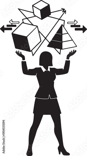 Silhouette of a business woman balancing complex tasks represented by geometric shapes and arrows, symbolizing multitasking and strategic management.