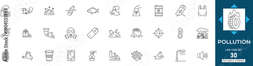 Pollution line icon set featuring pollution, environment, climate, change, plastic, air, and water contamination. Professional editable vector set for ecology.