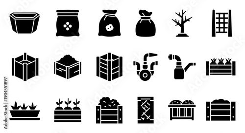 Collection of industrial icons representing various elements and machinery in a simple graphic illustration style
