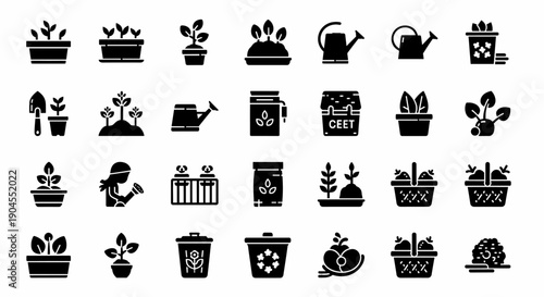 Collection of black gardening icons on white background including plants, tools, and accessories, presented in a grid layout from a top-down viewpoint