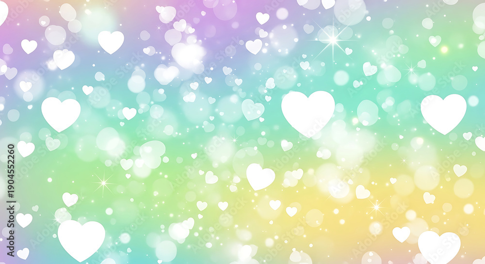 Fototapeta premium soft pastel gradient background with glowing white hearts and sparkling bokeh effects creating a dreamy romantic atmosphere for valentines day.